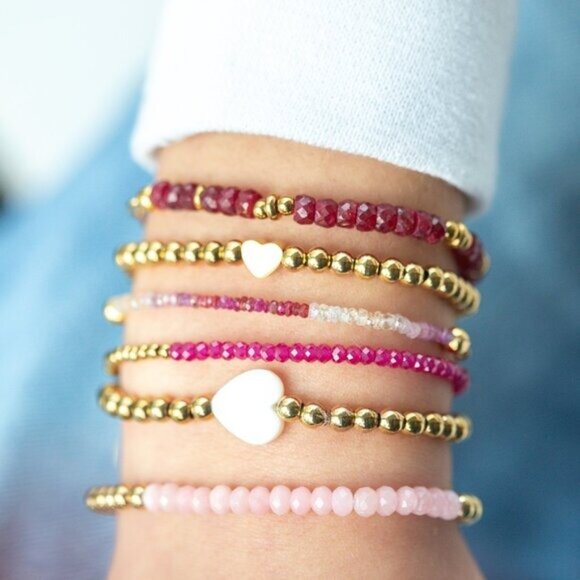 Gold Beaded Stretch Bracelet w/Heart Waterproof Stackable Jewelry Heart Bracelet - Picture 4 of 11